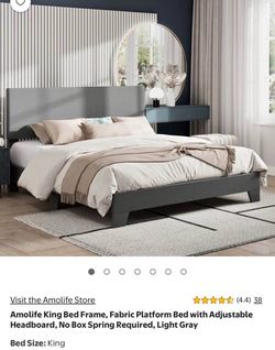 King Size Platform Bed Frame & Headboard Gray Upholstered