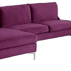 New In Box Modern 95” One Arm Purple Velvet Sofa With Chaise