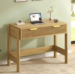34 Inch Small Fluted Computer Desk with Drawer for Bedroom, Home Office