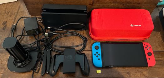 Nintendo Switch OLED Red Blue with multiple accessories Micro SD Card Carry Case