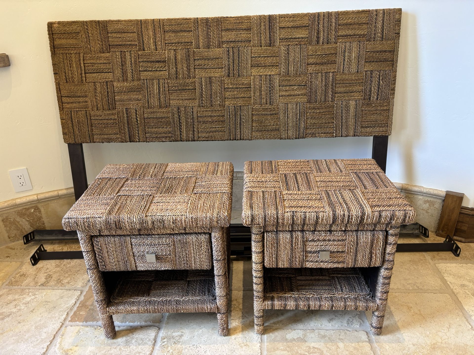 Queen Wicker Headboard W / Matching Nightstands
