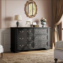 52 in dresser media console with six drawers and Roman-style metal handles for living room.