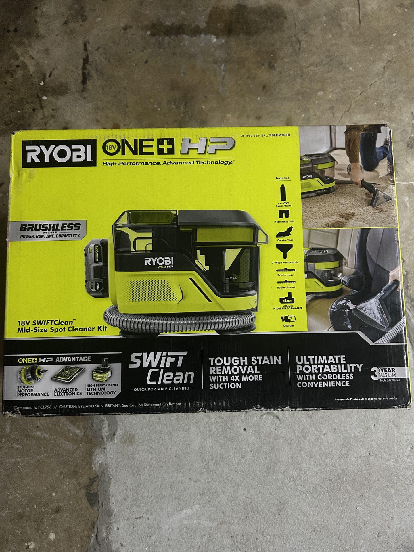 New Ryobi ONE+ HP 18V Cordless SWIFTClean Mid Size Spot and Carpet Cleaner Kit with 4.0 Ah Battery and Charger