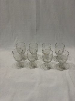 8 Vintage Crystal Wine Glasses Cut Plant Leaf Design