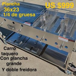 Carro Taquero, con plancha Grande y doble freidora de acero inoxidable