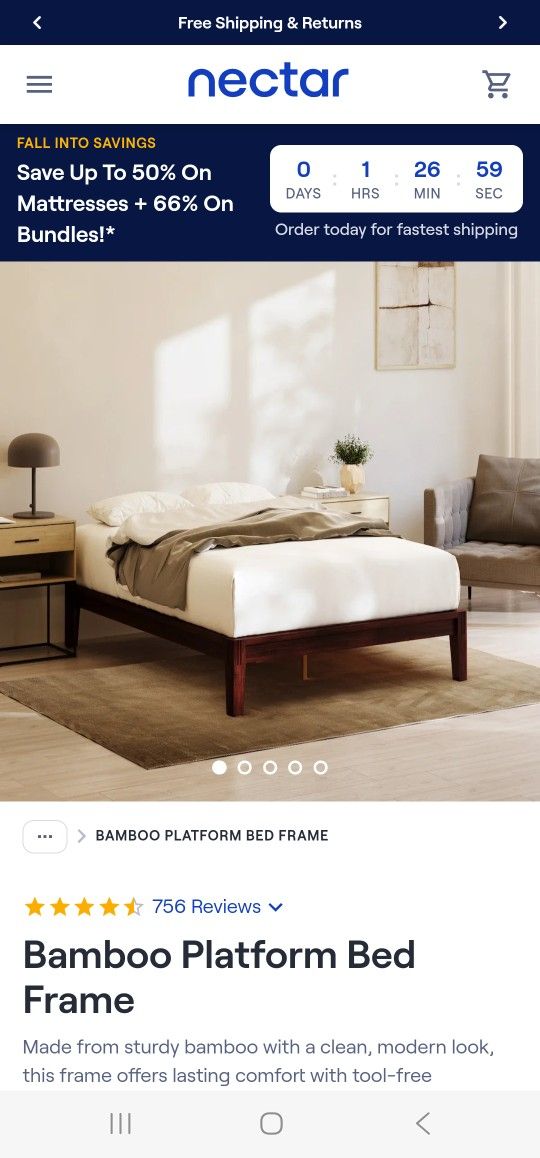Nectar Bamboo Platform Bed Frame - King - Walnut - Floating Center Support Legs - 12” Height - Easy Tool Free Set Up - Contemporary and Durable -