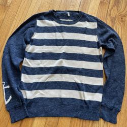 Japanese-style retro blue and white striped sweater for men, knitted, with small anchor embroidery details on the side.  • Style: Round neck long-slee