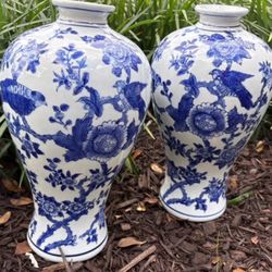2 Asian Chinese blue & white Chinoiserie vases with birds, 2 for $100. .