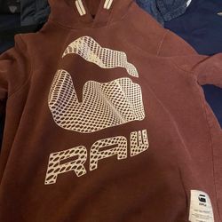 G-Star RAW Graphic Logo Pullover Fleece Hoodie Brown Hooded Crew Neck L