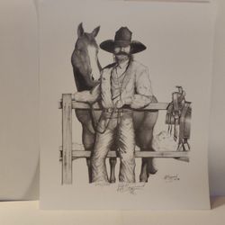 Local Artist Pencil Print Cowboy "AMIGOS" Horse Western #70 of 250 14" x 17"