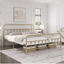 Classic Metal Platform Bed Frame Mattress Foundation with Victorian Style Iron-Art Headboard/Footboard/Under Bed Storage/No Box Spring Needed/King Siz