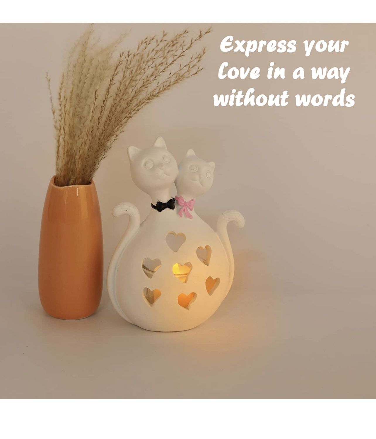 New Cat Couple Candle Holder with Flickering LED, White Cat Decor