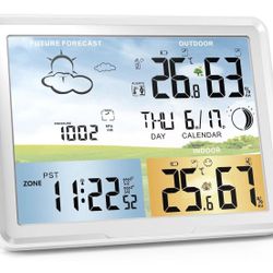 Weather Station Wireless Indoor Outdoor Thermometer, Color Display Digital Thermometer Humidity Monitor with Atomic Clock, Forecast Station with Calen