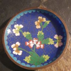 Vintage Chinese Blue Floral Cloisonne Enamel Trinket Bowl 3.75 Inches