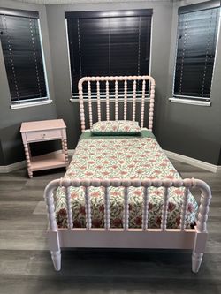 Pink Twin Bed Frame with Mattress/Covers and Matching Nightstand