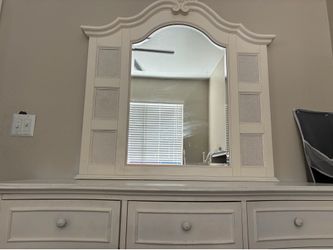 Bedroom dresser with mirror, nightstand and bookcase