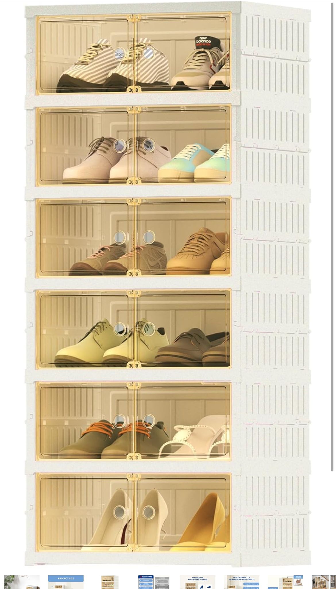 Foldable Shoe Rack, 6Tiers-12Pairs Shoe Organizers for Closet Plastic Storage Box Space Saving Stackable Sneaker Cabinet Bins with Magnetic Clear Door