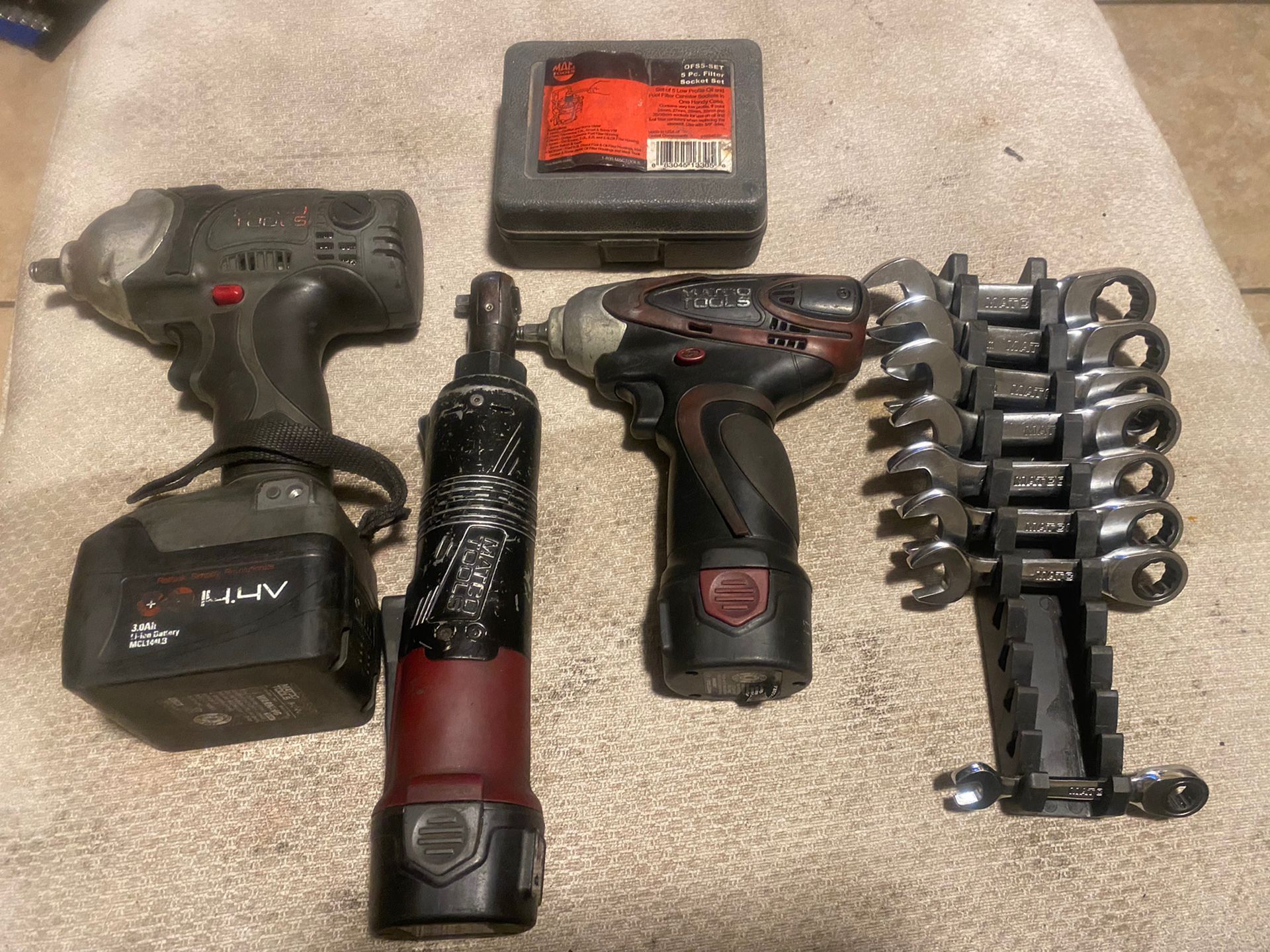 Matco 3/8” And 1/4” Impact Diver Matco Cordless Ratchet Matco Ratchet Set MAC 5pc Filter set Plus Snap-on Hammer And Adjustable Ratchet