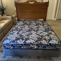 Oak headboard and queen matress with box spring