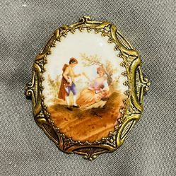 Antique Victorian Courting Couple Porcelain Brass Pin Brooch