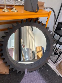 New 34” Vintage Round Wall Mirror Decorative Makeup Mirror with Heavy Wooden Frame