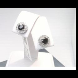 New Genuine Sapphire/Diamond Halo Earrings In Solid White Gold