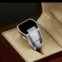 Mens Classic Onyx Black Silver Crystal Ring Sizes 8/9/11/12