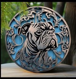 Wooden Round Wall Art Sign - Bulldog Theme Wood Laser-Cut Floral Design, Mother’s Day Gift, Kitchen & Home Decor, Durable Metal Wall Hanging Decoratio