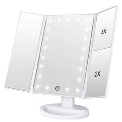 WEILY Makeup Mirror With 21 LED Lights,Two Power Supply Modes, Adjustable Touch Screen And 1x/2x/3x Magnification Tri-Fold Vanity Mirror,Chargeable Tr