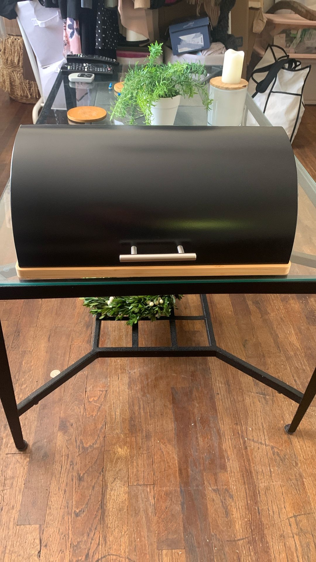 New Threshold Bamboo Steel Breadbox Black Metal with Base Kitchen Countertop