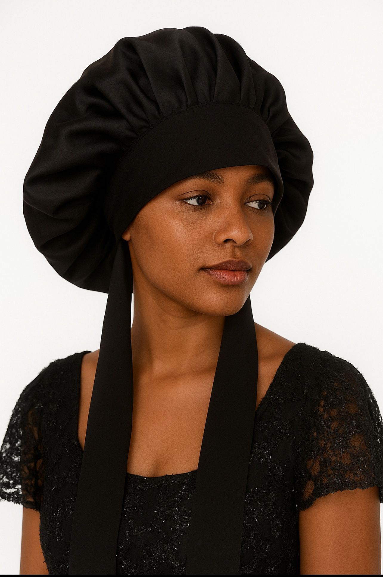 Luxury Black Satin Bonnet with Long Ties – Oversized Sleep Cap