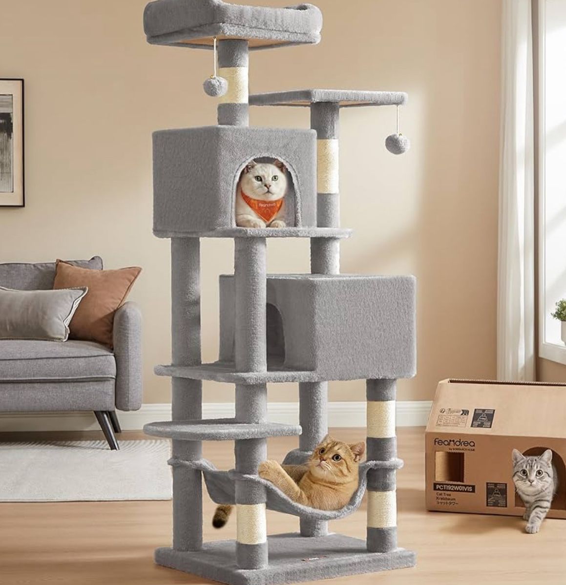 Cat Tree, 61-Inch Cat Tower for Indoor Cats, Plush Multi-Level Cat Condo with 5 Scratching Posts, 2 Perches, 2 Caves, Hammock, 2 Pompoms, Light Gray U
