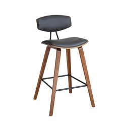 Armen Living Fox 25.5" Counter Height Grey Faux Leather and Walnut Wood Mid-Century Modern Bar Stool