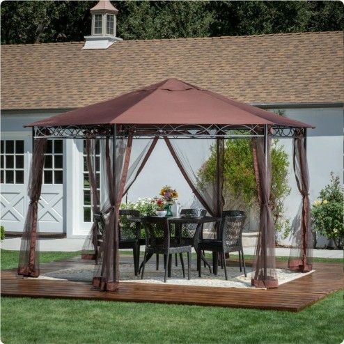 Brown 10x10 Outdoor Gazebo with Moquito Net Lawn & Garden