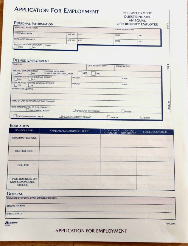 Adams Application For Employment, Pack Of 19 Blank Forms