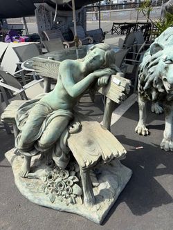 Large Bronze Woman Resting on Bench Garden Sculpture Statue 46 x 51