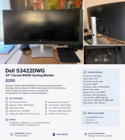 Dell S3422DWG 34” Curved WQHD Gaming Monitor – 144Hz, 1ms, Excellent Condition