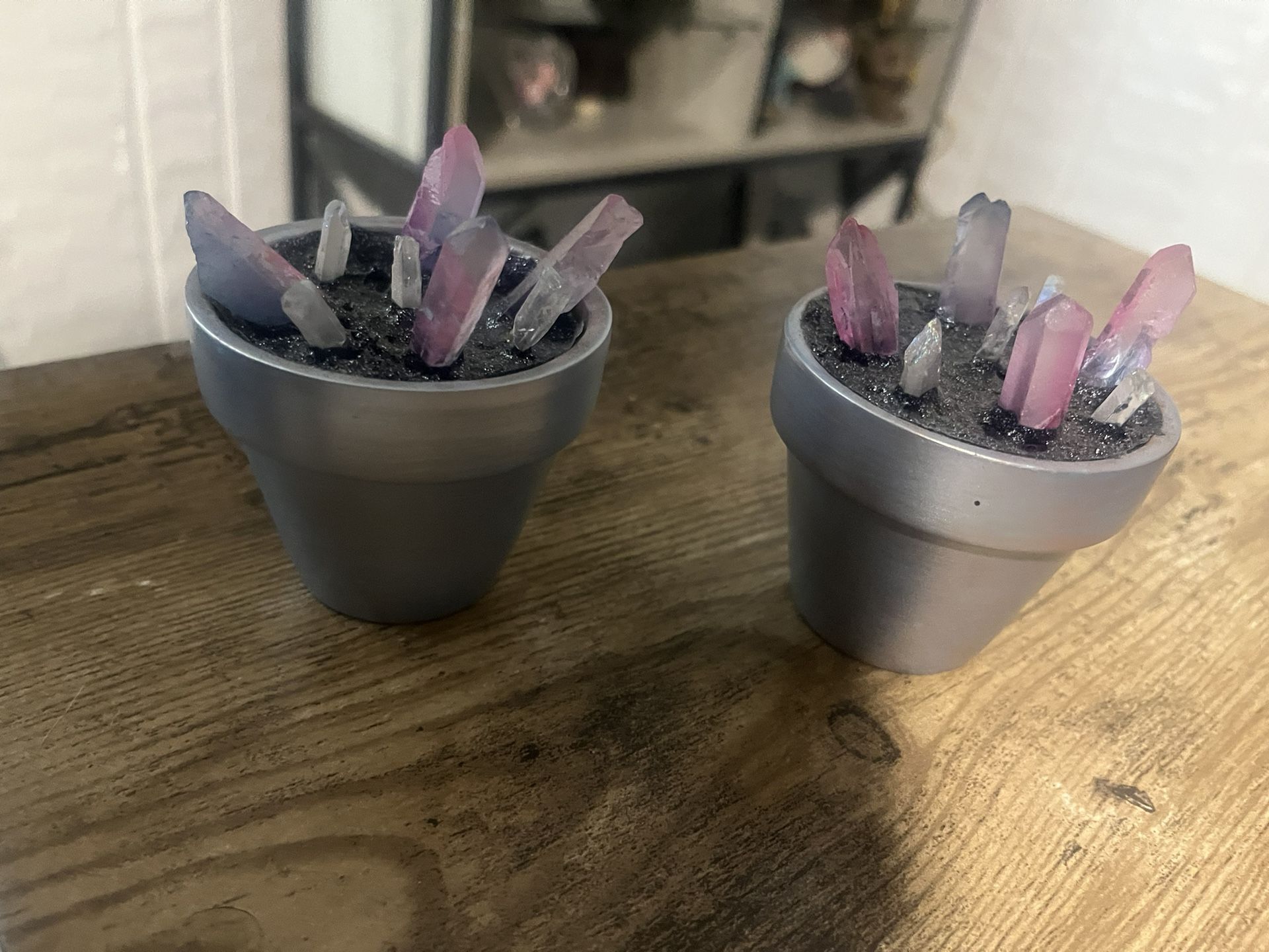 2 Purple Pink Crystal In A Tiny Pot Decor
