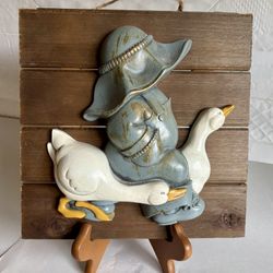 Vintage Burwood Goose And Farmer Wall Decor Wood Plaque 