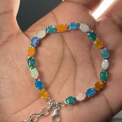 925 Sterling Silver Ethiopian Opal Bracelet - 8.2" Adjustable, Multicolor