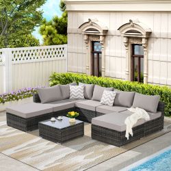 8 Pieces Outdoor Patio Sectional Sofa Couch,Wicker Furniture Conversation Sets with Washable Cushions & Glass Coffee Table for Garden, Poolside, Backy