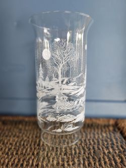 Vintage Glass/Oil/Hurricane Lamp Shade, Chimney, Winter Scene Motif, Sleigh, Deer