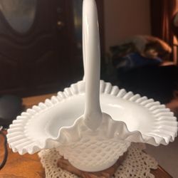Vintage Fenton Milk Glass Hobnail Large Basket & Plate, Ribbon Ruffle Edges