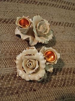 Avon "Winter Rose" porcelain taper candle holders with gold trim