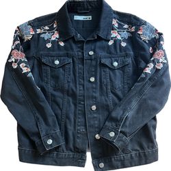 Top Shop Moto Black Denim Jacket With Floral Embroidery US Size 4 Women’s