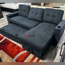 84"W Dark Gray Woven Fabric Reversible Sleeper Sectional Sofa with Storage Chaise, Storage Arm, Cup Holder, Charging Ports, Side Pockets, and Pocket C