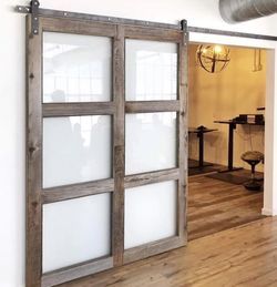 36-in x 84-in Iron Age 3-Panel Frosted Glass Prefinished Mdf Two Frosted Modern Barn Doors