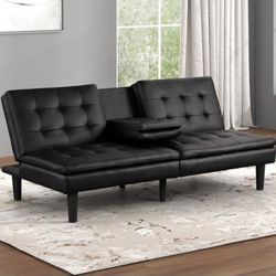 Brand New Black Leather Futon Sofa Sleeper 