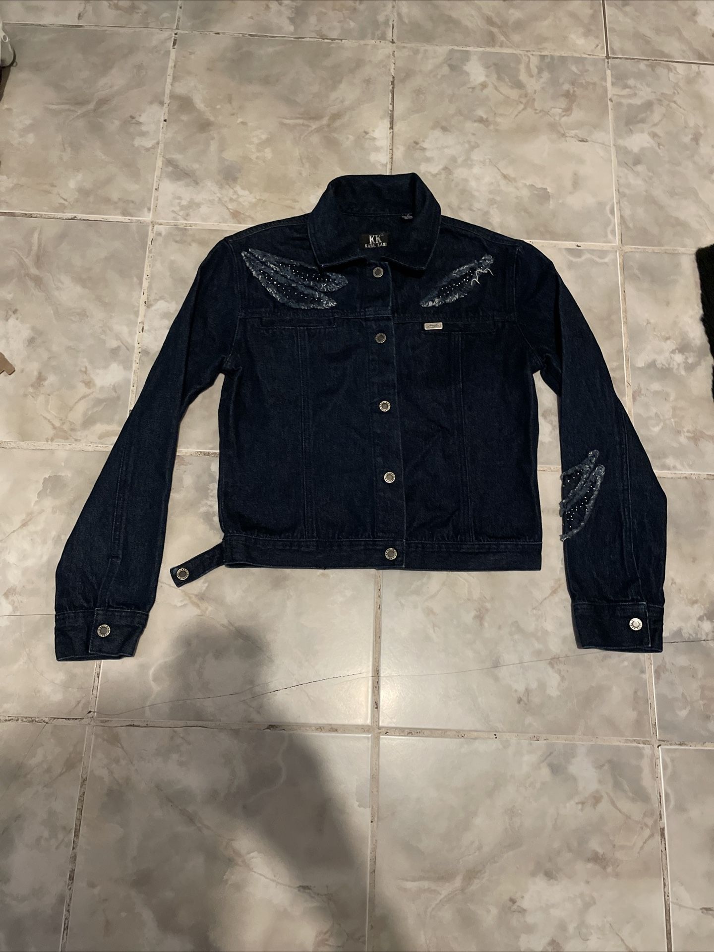 Karl Kani Blue Cropped Denim Jean Jacket Button Front Women's Size M Retro