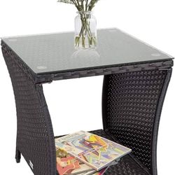 Wicker Side Table for Patio , PE Rattan Outdoor Small End Table with Square Glass Top,  Bistro Coffee Tables with Storage Shelf for Garde